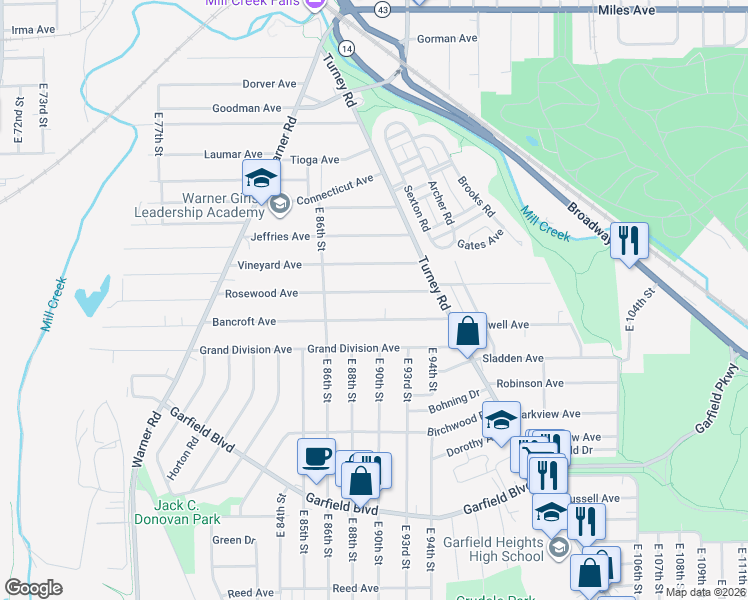 map of restaurants, bars, coffee shops, grocery stores, and more near 9010 Rosewood Avenue in Cleveland