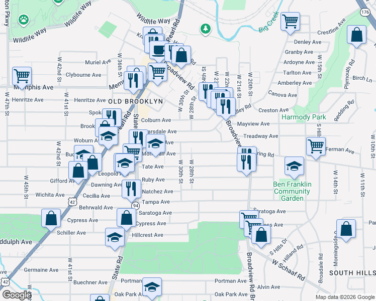 map of restaurants, bars, coffee shops, grocery stores, and more near 2813 Roanoke Avenue in Cleveland