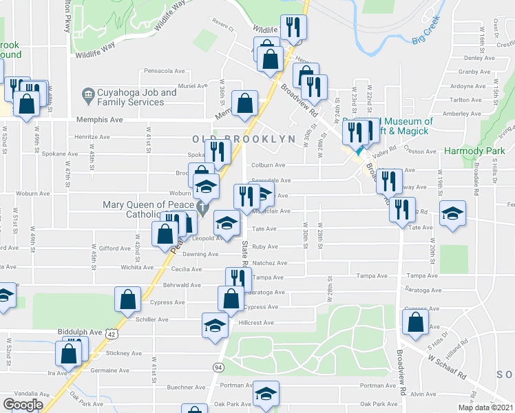 map of restaurants, bars, coffee shops, grocery stores, and more near in Cleveland