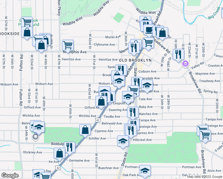map of restaurants, bars, coffee shops, grocery stores, and more near 3910 Bucyrus Avenue in Cleveland