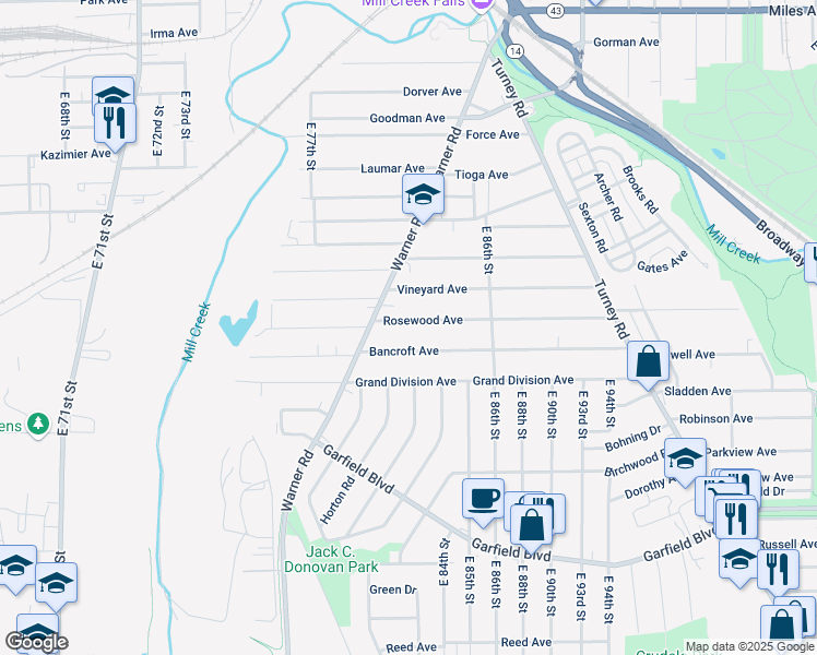 map of restaurants, bars, coffee shops, grocery stores, and more near 8210 Rosewood Avenue in Cleveland