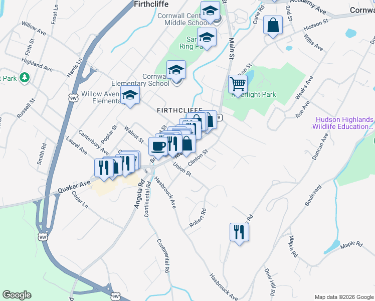 map of restaurants, bars, coffee shops, grocery stores, and more near 257 Main Street in Cornwall