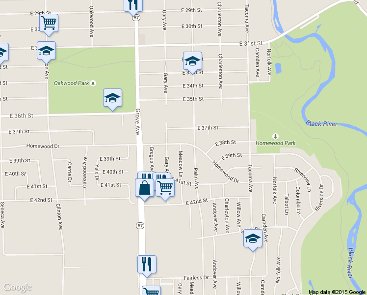 map of restaurants, bars, coffee shops, grocery stores, and more near 2362 Homewood Dr in Lorain