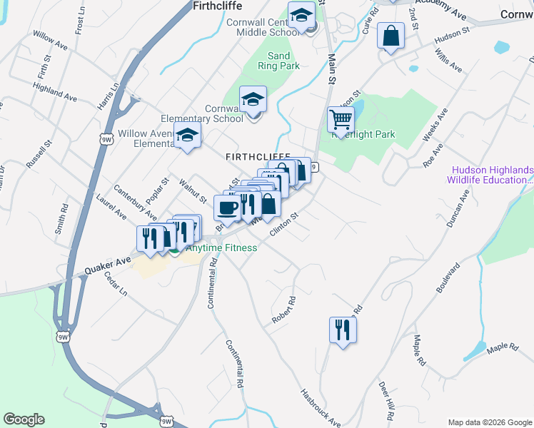 map of restaurants, bars, coffee shops, grocery stores, and more near 265 Main St in Cornwall
