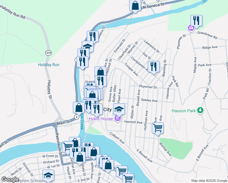 map of restaurants, bars, coffee shops, grocery stores, and more near 53 Grove Avenue in Oil City