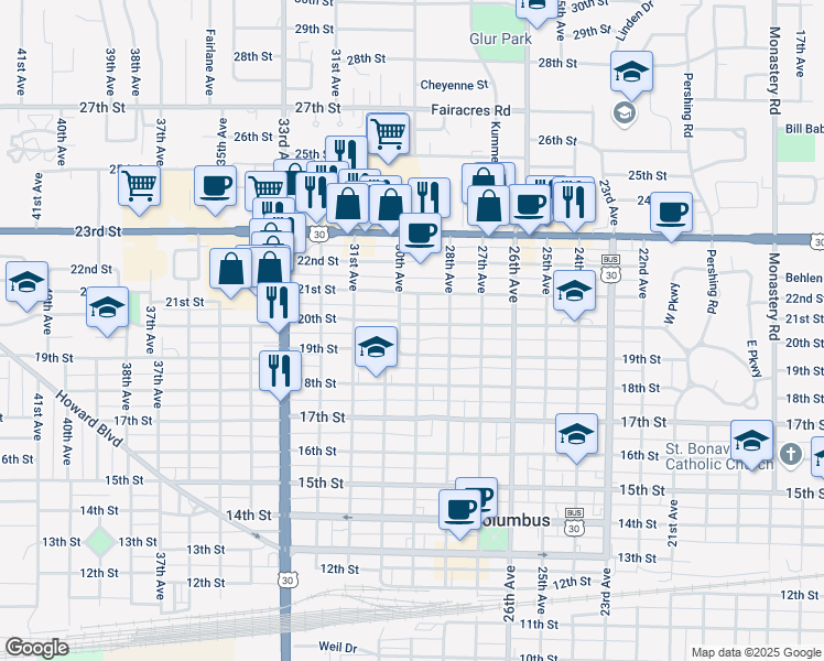 map of restaurants, bars, coffee shops, grocery stores, and more near 2903 20th Street in Columbus