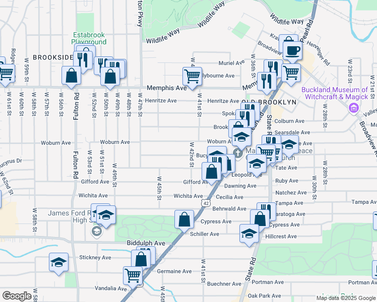 map of restaurants, bars, coffee shops, grocery stores, and more near 4206 Bucyrus Avenue in Cleveland