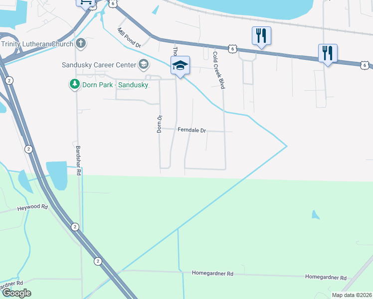 map of restaurants, bars, coffee shops, grocery stores, and more near 814 S Meadow Dr in Sandusky