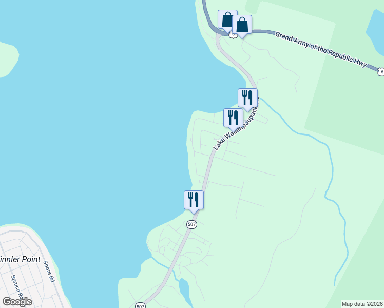 map of restaurants, bars, coffee shops, grocery stores, and more near Sunset Shore Dr in Hawley