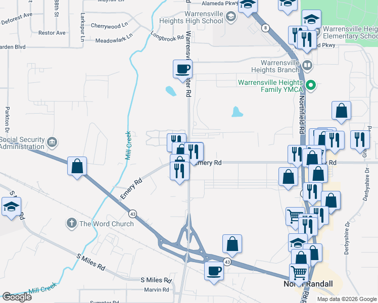 map of restaurants, bars, coffee shops, grocery stores, and more near 4485 Warrensville Center Road in North Randall