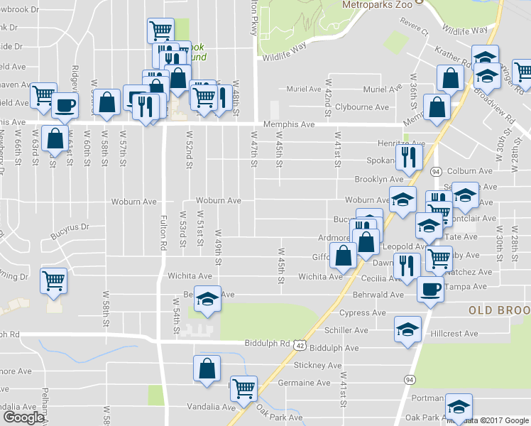 map of restaurants, bars, coffee shops, grocery stores, and more near 4606 Bucyrus Avenue in Cleveland