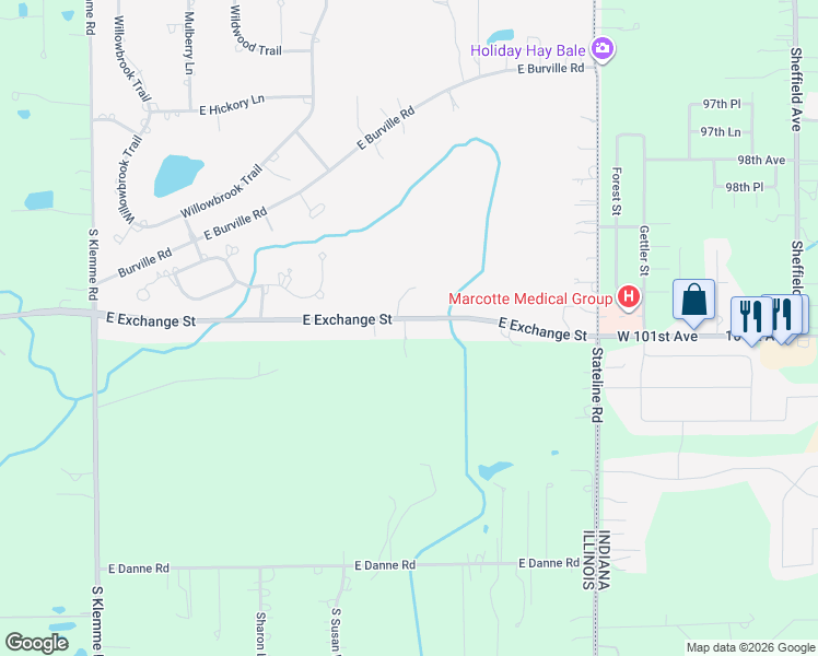 map of restaurants, bars, coffee shops, grocery stores, and more near 3303 East Exchange Street in Crete