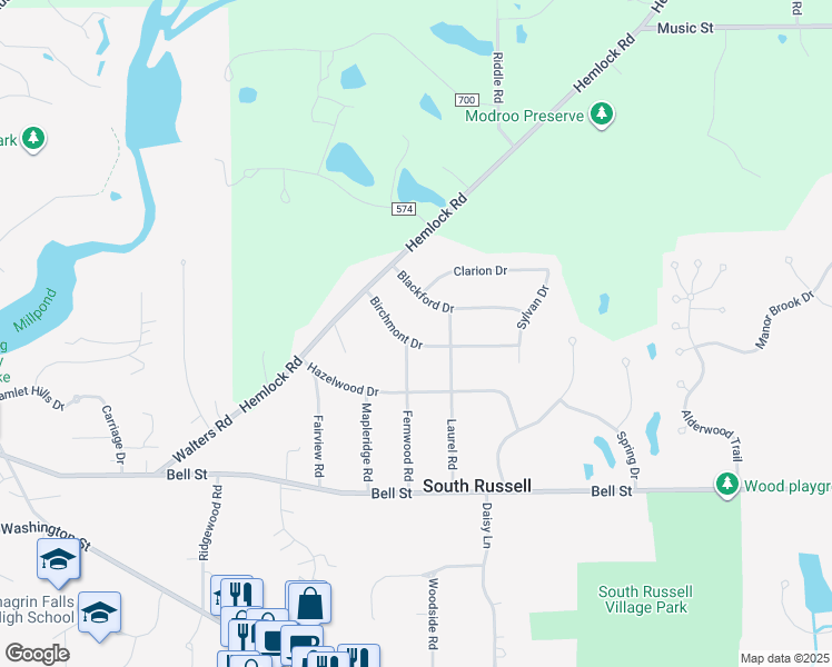 map of restaurants, bars, coffee shops, grocery stores, and more near 7662 Birchmont Drive in Chagrin Falls