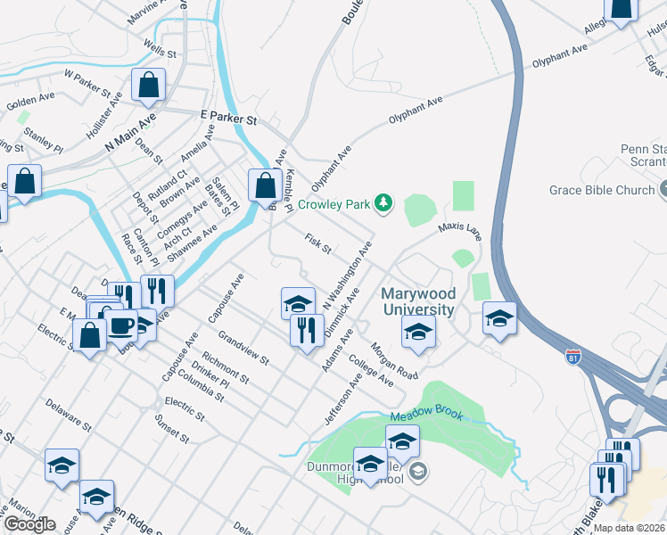 map of restaurants, bars, coffee shops, grocery stores, and more near 1112 Fisk St in Scranton