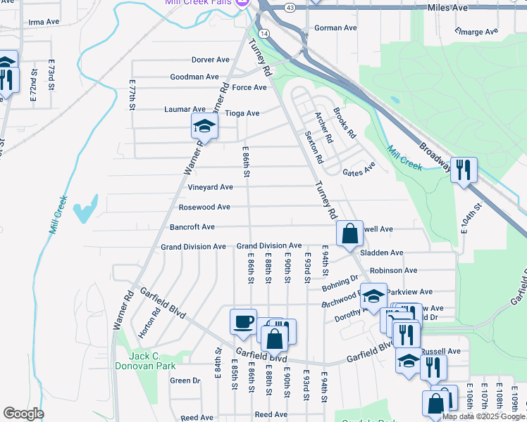 map of restaurants, bars, coffee shops, grocery stores, and more near 8706 Rosewood Avenue in Cleveland
