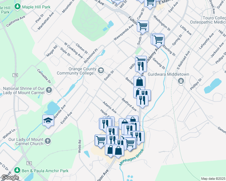 map of restaurants, bars, coffee shops, grocery stores, and more near 53 Bedford Avenue in Middletown