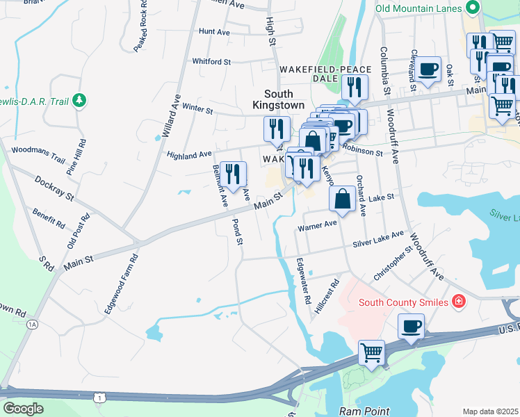 map of restaurants, bars, coffee shops, grocery stores, and more near 480 Main Street in South Kingstown