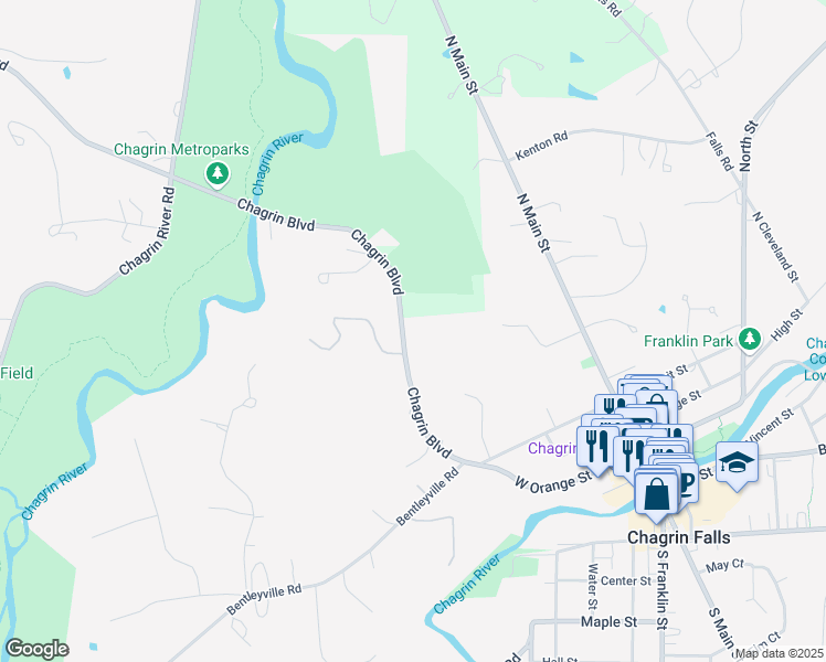 map of restaurants, bars, coffee shops, grocery stores, and more near 277 Chagrin Boulevard in Chagrin Falls