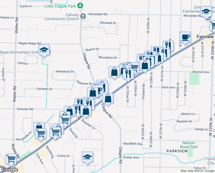 map of restaurants, bars, coffee shops, grocery stores, and more near 3675 Clague Road in North Olmsted