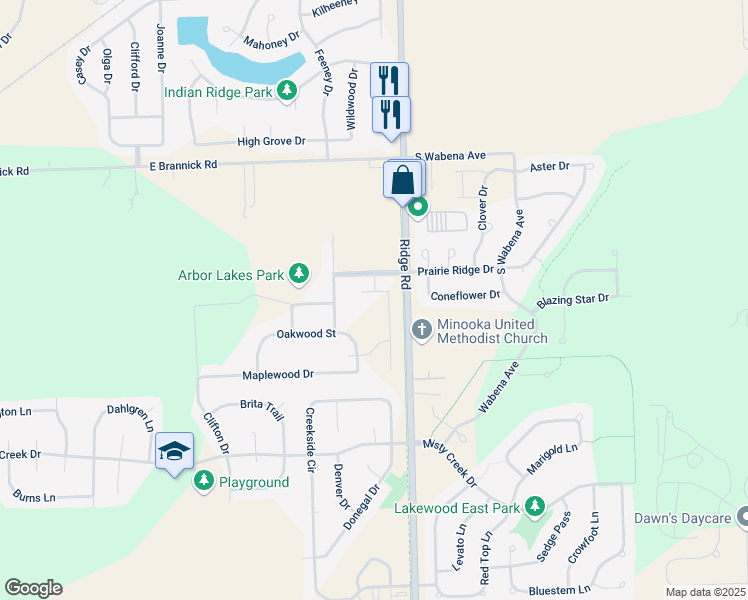 map of restaurants, bars, coffee shops, grocery stores, and more near 516 Lily Court in Minooka