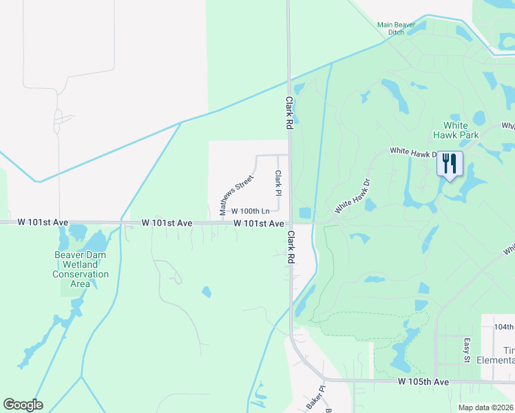 map of restaurants, bars, coffee shops, grocery stores, and more near 4970 West 100th Lane in Crown Point
