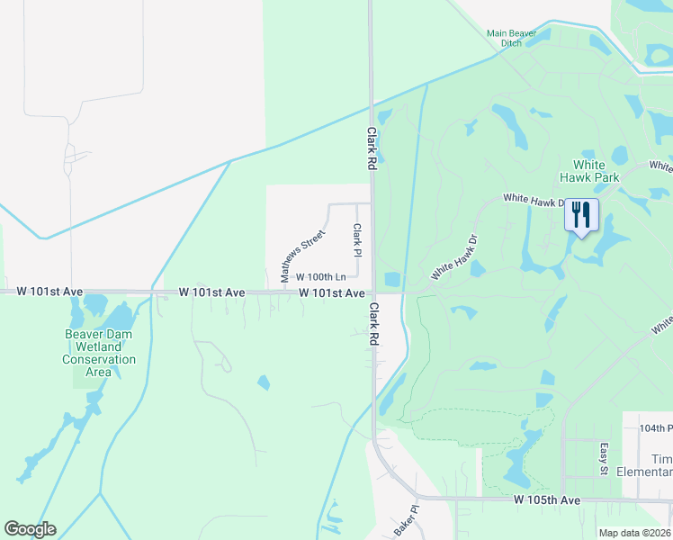 map of restaurants, bars, coffee shops, grocery stores, and more near 4970 West 100th Lane in Crown Point