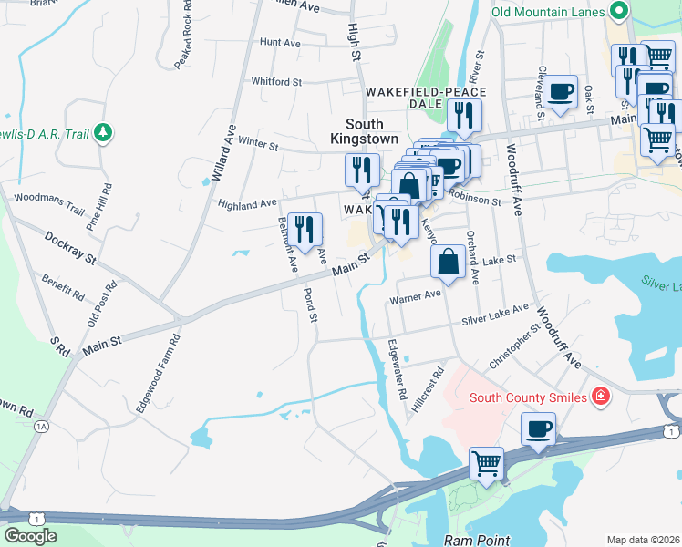 map of restaurants, bars, coffee shops, grocery stores, and more near 480 Main Street in South Kingstown
