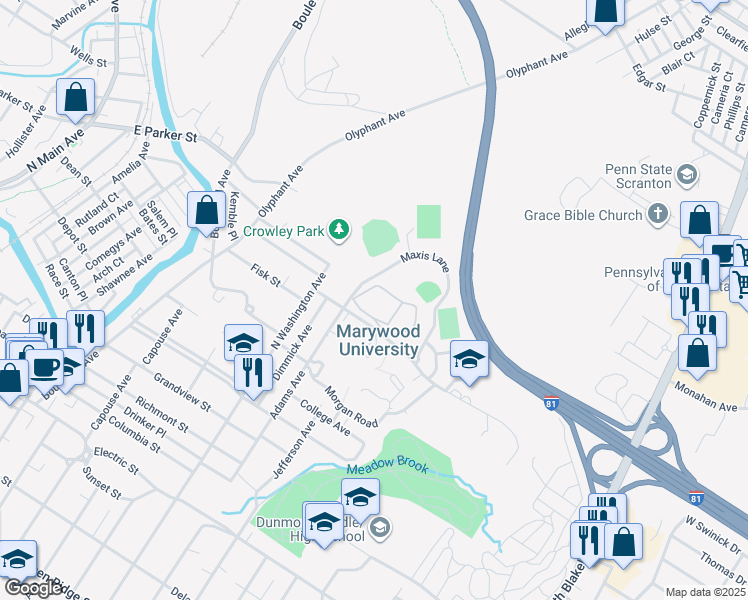 map of restaurants, bars, coffee shops, grocery stores, and more near 2300 Adams Avenue in Scranton