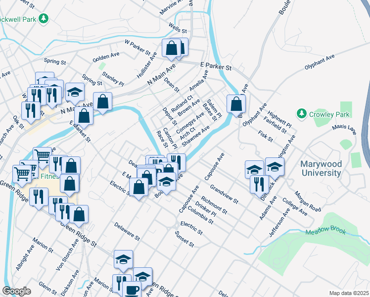 map of restaurants, bars, coffee shops, grocery stores, and more near 2128 Shawnee Avenue in Scranton