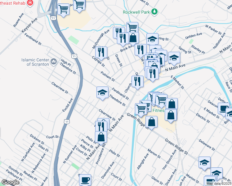 map of restaurants, bars, coffee shops, grocery stores, and more near 229 Ferdinand Street in Scranton