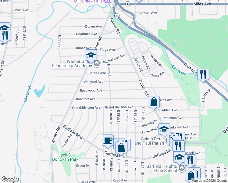 map of restaurants, bars, coffee shops, grocery stores, and more near 8706 Rosewood Avenue in Cleveland