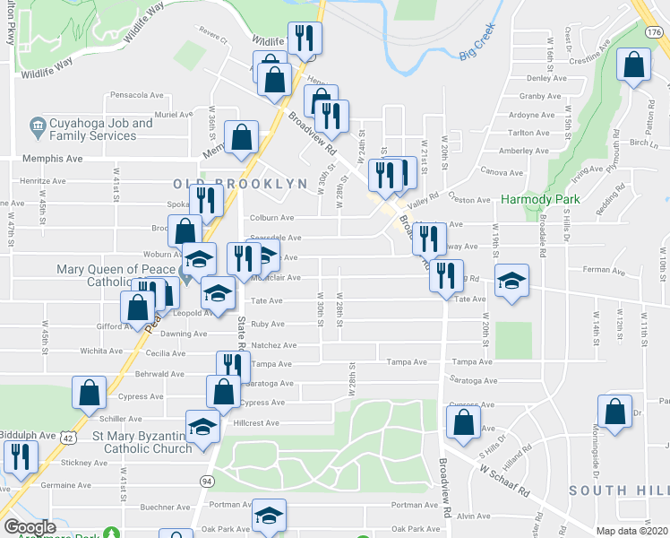 map of restaurants, bars, coffee shops, grocery stores, and more near 2813 Roanoke Avenue in Cleveland