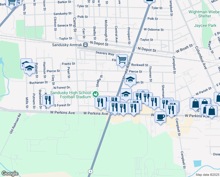 map of restaurants, bars, coffee shops, grocery stores, and more near 2025 Hayes Avenue in Sandusky