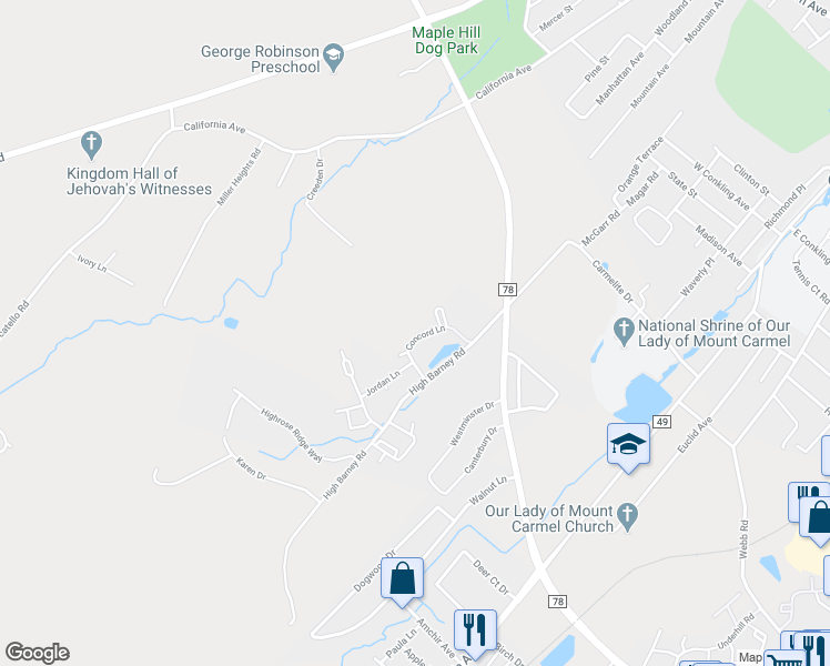 map of restaurants, bars, coffee shops, grocery stores, and more near 310 Concord Lane in Middletown