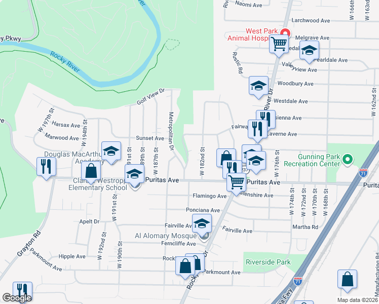 map of restaurants, bars, coffee shops, grocery stores, and more near 4381 Fairway Drive in Cleveland