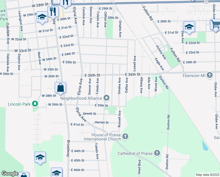 map of restaurants, bars, coffee shops, grocery stores, and more near 3716 Canton Avenue in Lorain