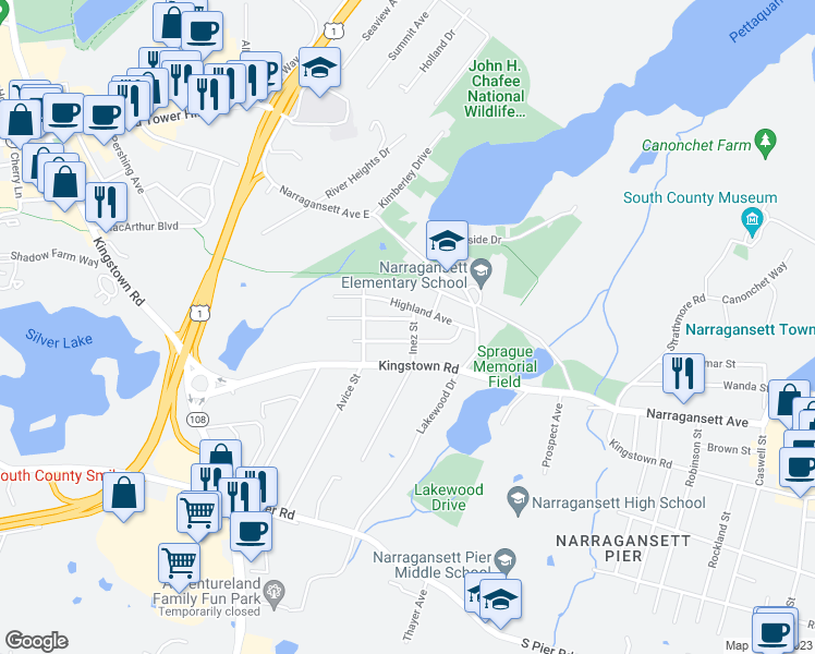 map of restaurants, bars, coffee shops, grocery stores, and more near 24 Highland Avenue in Narragansett