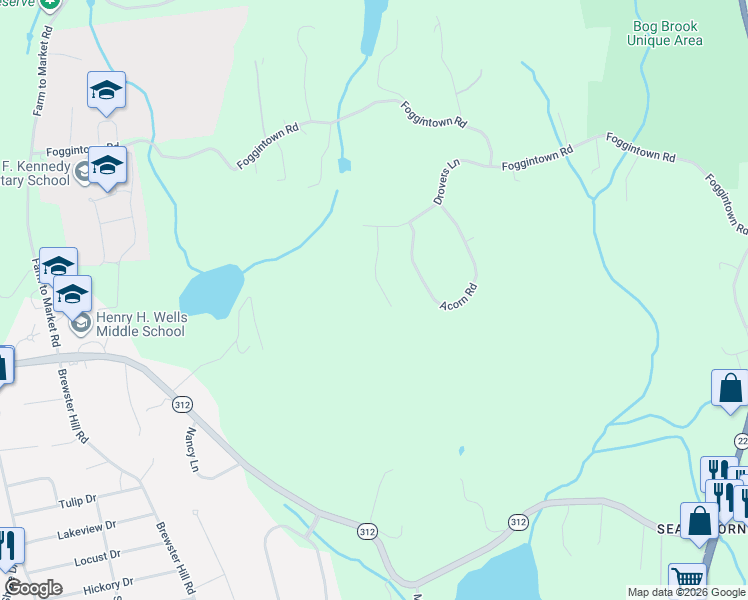 map of restaurants, bars, coffee shops, grocery stores, and more near 33 Orchard Court in Brewster