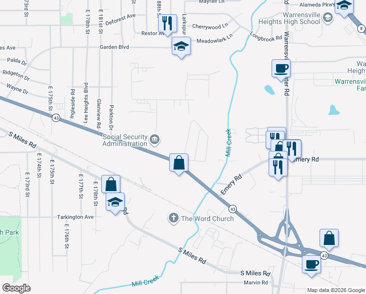 map of restaurants, bars, coffee shops, grocery stores, and more near 11124 Dandridge Drive in Warrensville Heights