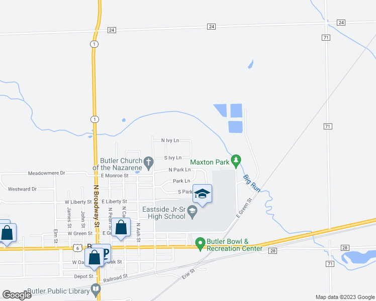 map of restaurants, bars, coffee shops, grocery stores, and more near 312 Springer Drive in Butler