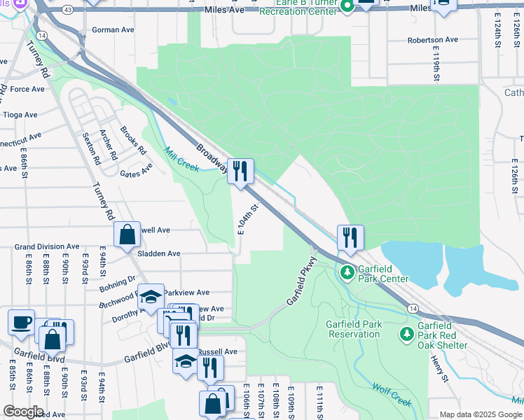 map of restaurants, bars, coffee shops, grocery stores, and more near 10650 Broadway Avenue in Garfield Heights