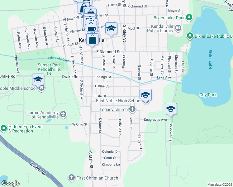map of restaurants, bars, coffee shops, grocery stores, and more near 307 East Lisle Street in Kendallville