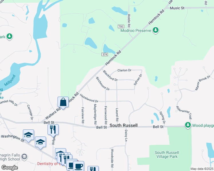 map of restaurants, bars, coffee shops, grocery stores, and more near 7662 Birchmont Drive in Chagrin Falls