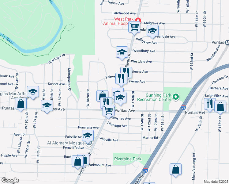 map of restaurants, bars, coffee shops, grocery stores, and more near 4384 Rocky River Drive in Cleveland