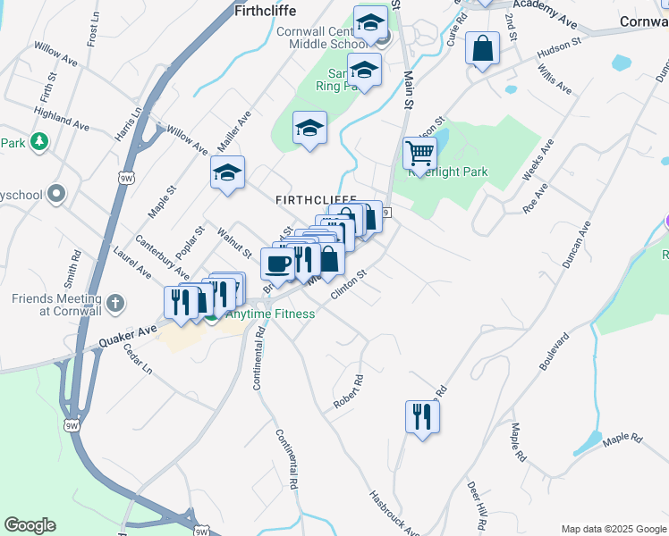 map of restaurants, bars, coffee shops, grocery stores, and more near 257 Main Street in Cornwall