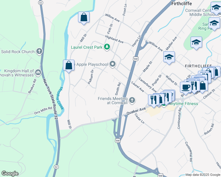 map of restaurants, bars, coffee shops, grocery stores, and more near 9 Eisenhower Drive in Cornwall