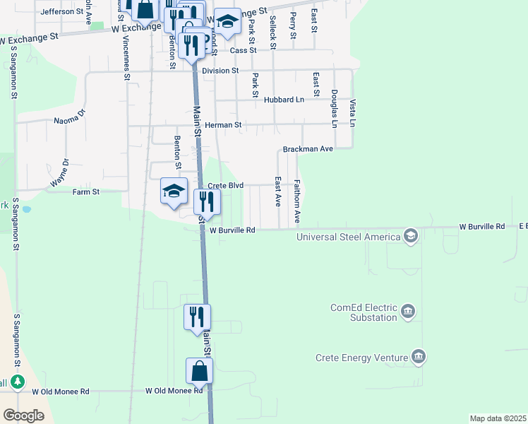 map of restaurants, bars, coffee shops, grocery stores, and more near 1601 Austin Avenue in Crete