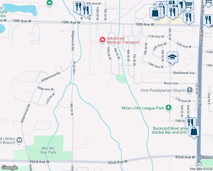 map of restaurants, bars, coffee shops, grocery stores, and more near 8412 10th Street West in Rock Island