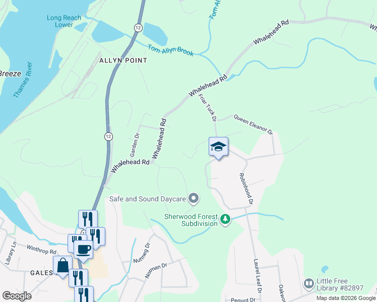 map of restaurants, bars, coffee shops, grocery stores, and more near 12 Sherwood Trace in Ledyard