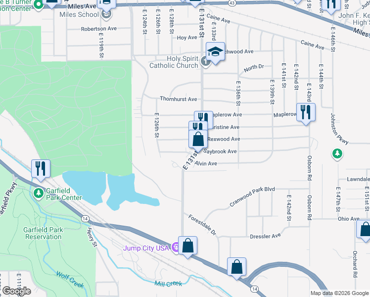map of restaurants, bars, coffee shops, grocery stores, and more near 12913 Melgrove Avenue in Garfield Heights